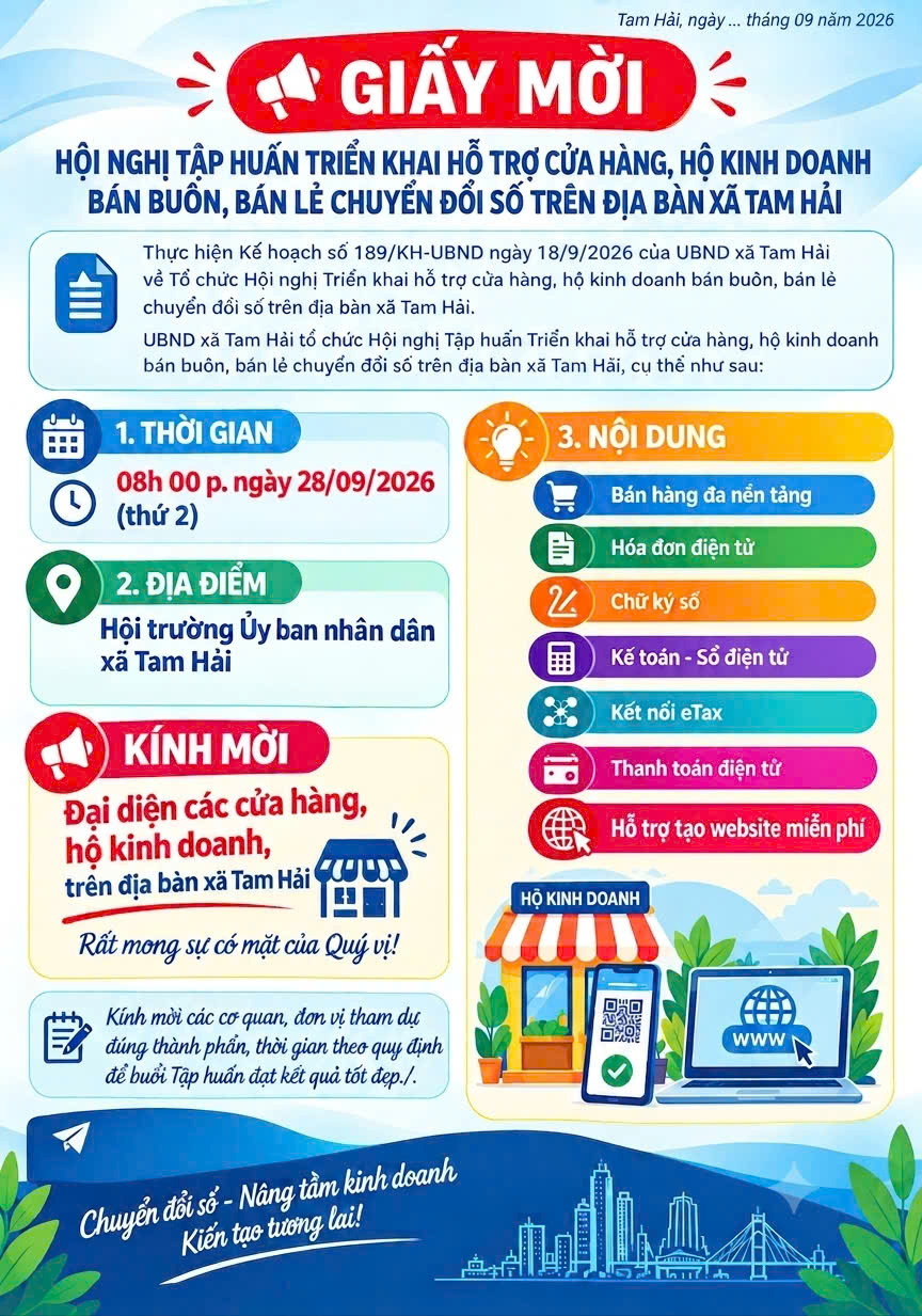 Giấy mời Hội nghị triển khai hỗ trợ cửa hàng, hộ kinh doanh bán buôn, bán lẻ chuyển đổi số trên địa bàn xã Tam Hải